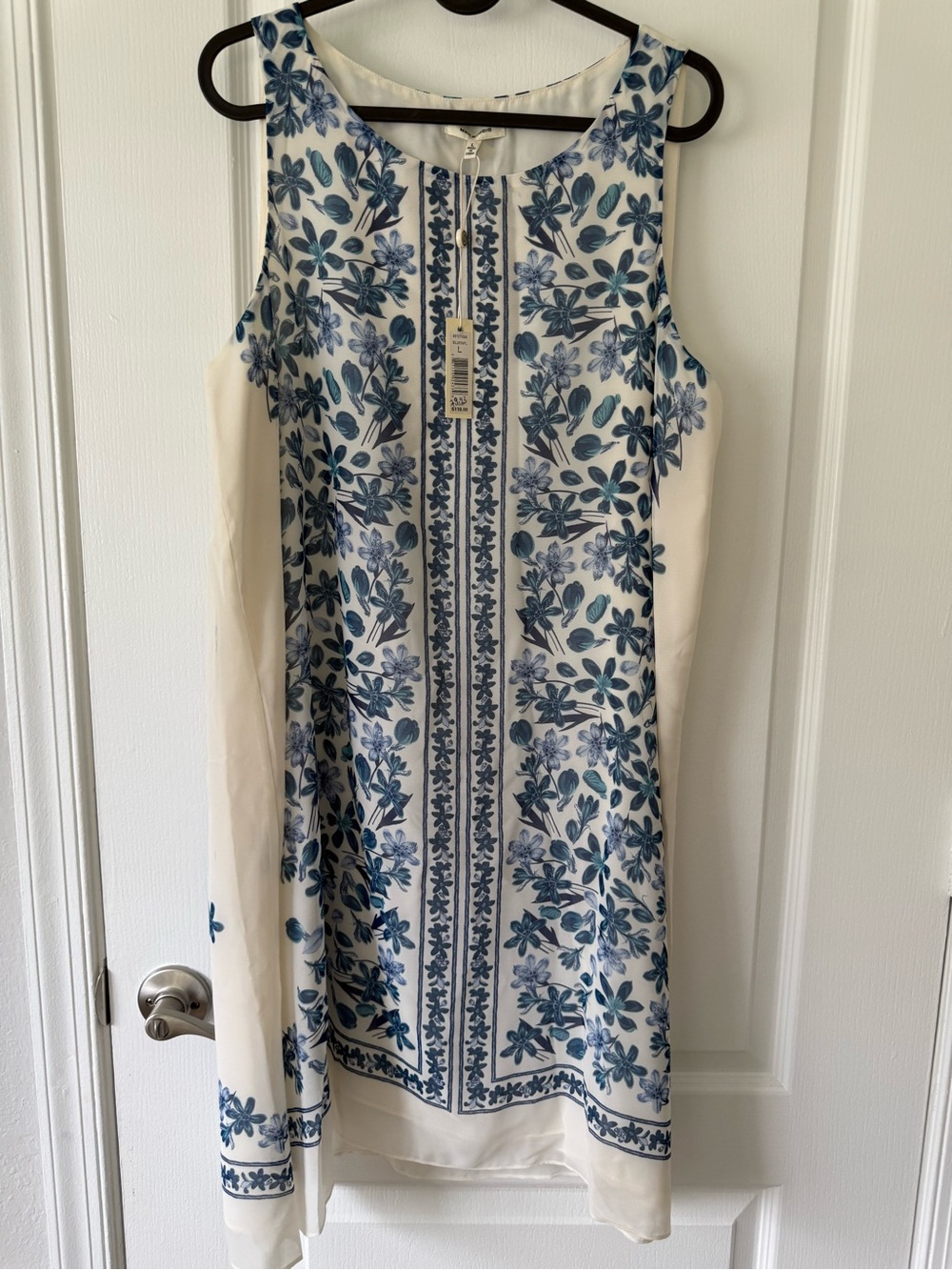 Max Studio Cream Midi Dress with Blue Floral Embroidery
